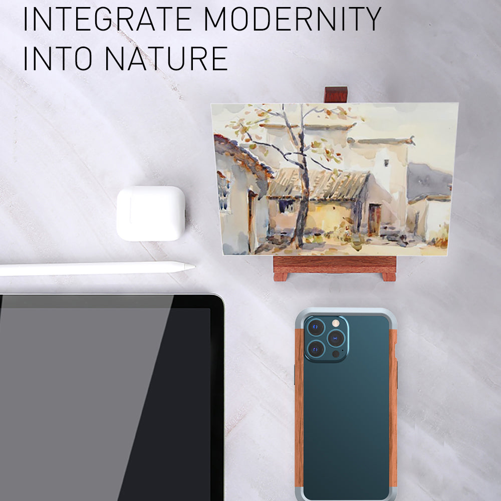 R-JUST Ultra Thin Hard Metal Aluminum Alloy Wooden Protect Bumper Frame Case for iPhone 13 Pro Max 6.7 inch