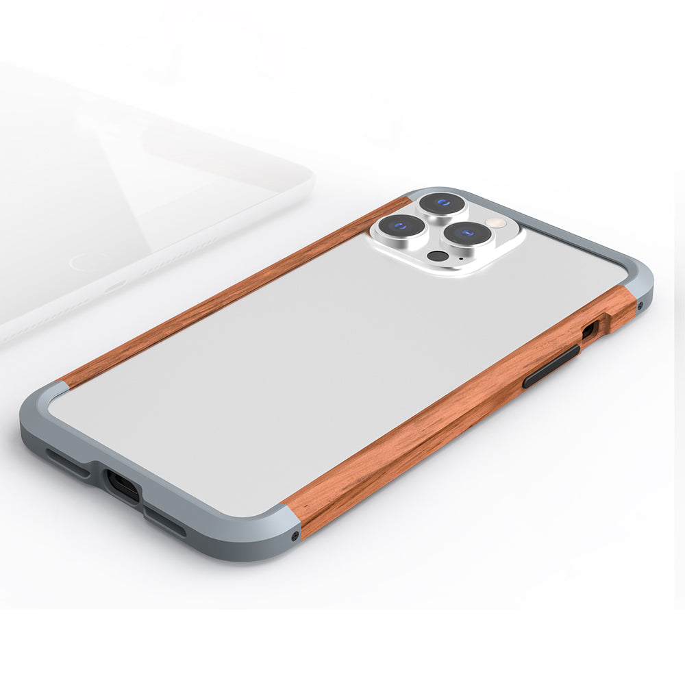 R-JUST Ultra Thin Hard Metal Aluminum Alloy Wooden Protect Bumper Frame Case for iPhone 13 Pro Max 6.7 inch