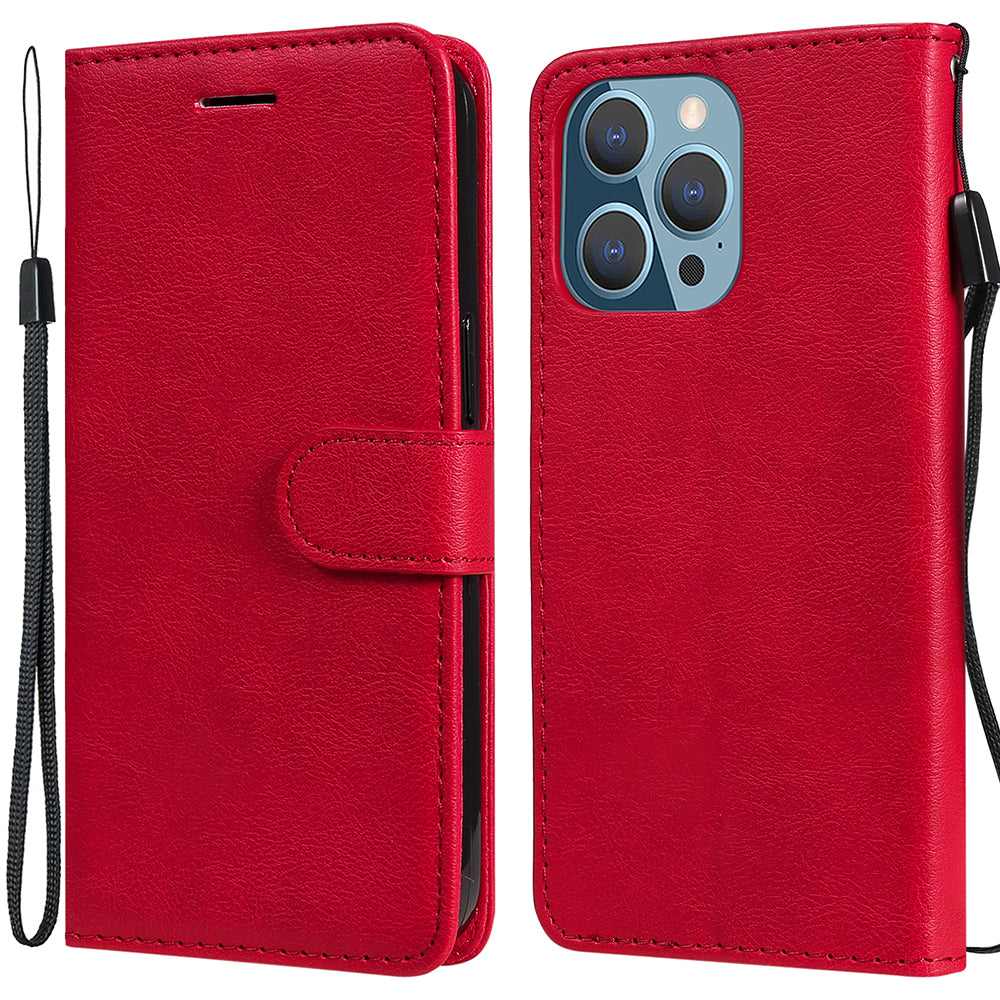 KT Leather Series-2 Solid Color PU Leather Phone Case Wallet Stand Shell with Strap for iPhone 13 Pro 6.1 inch