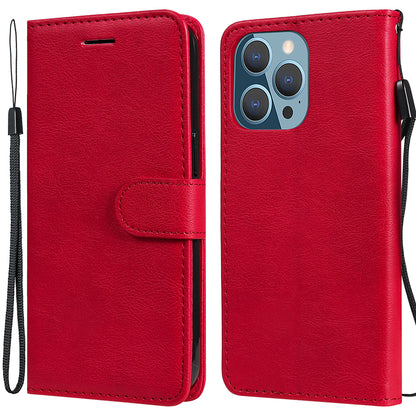 KT Leather Series-2 Solid Color PU Leather Phone Case Wallet Stand Shell with Strap for iPhone 13 Pro 6.1 inch