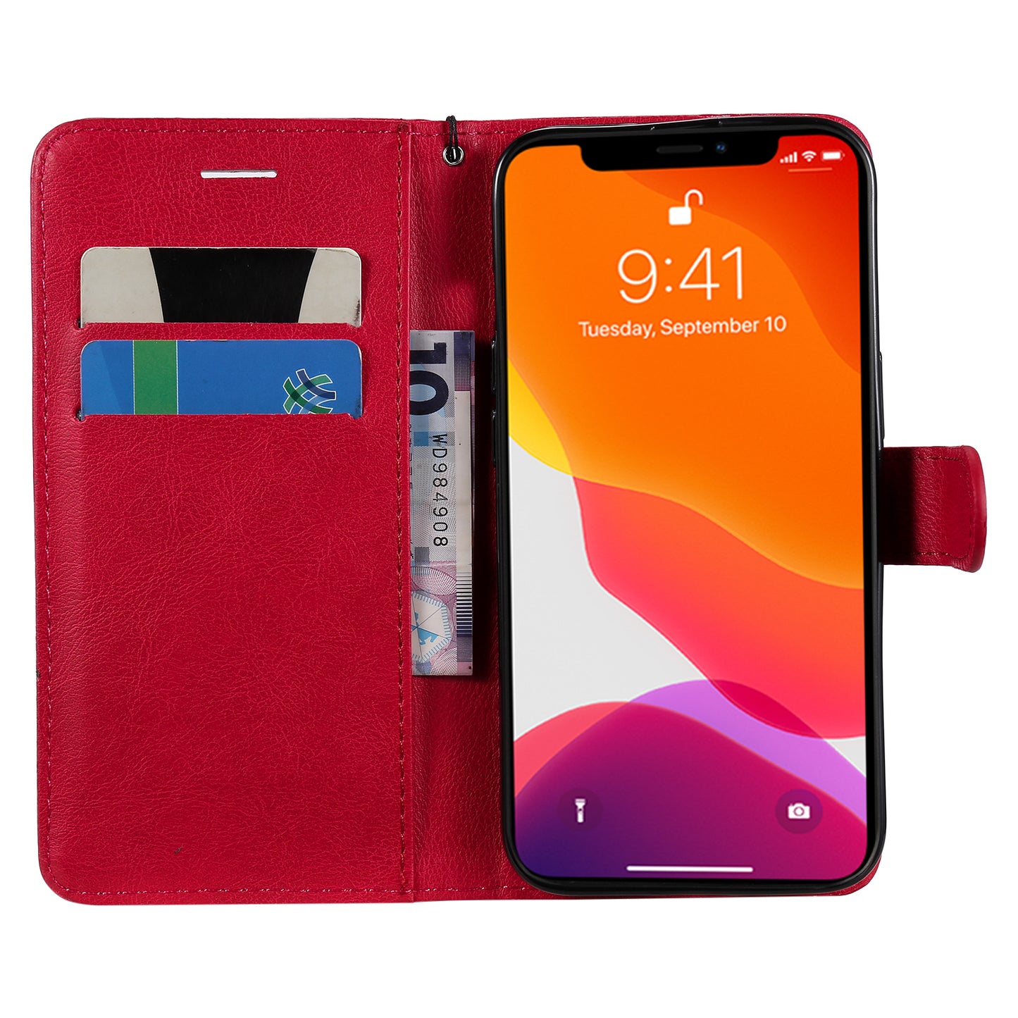 KT Leather Series-2 Solid Color PU Leather Phone Case Wallet Stand Shell with Strap for iPhone 13 Pro 6.1 inch