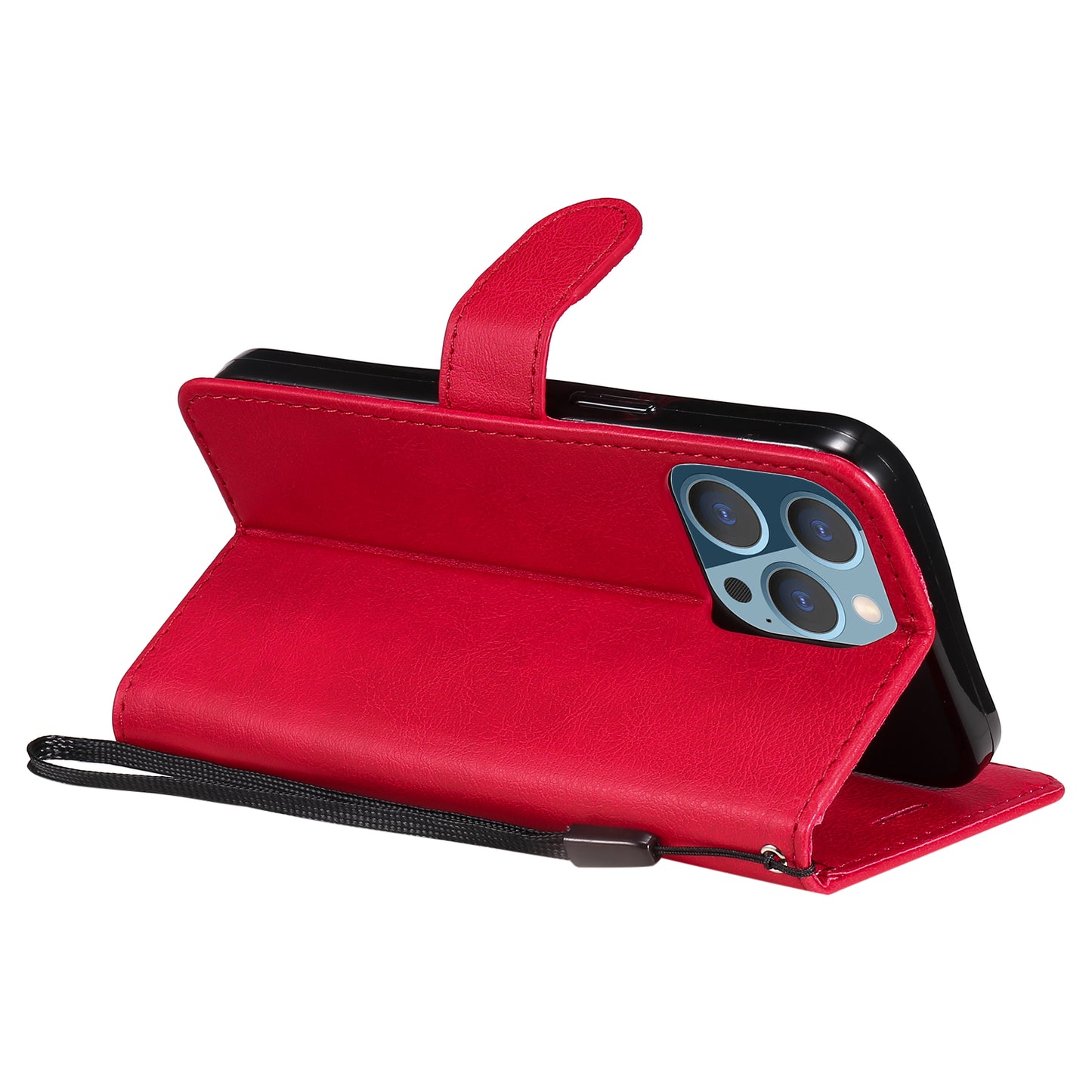 KT Leather Series-2 Solid Color PU Leather Phone Case Wallet Stand Shell with Strap for iPhone 13 Pro 6.1 inch