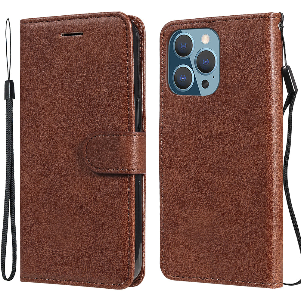 KT Leather Series-2 Solid Color PU Leather Phone Case Wallet Stand Shell with Strap for iPhone 13 Pro 6.1 inch