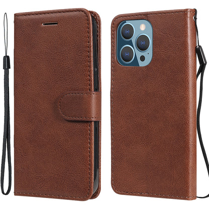 KT Leather Series-2 Solid Color PU Leather Phone Case Wallet Stand Shell with Strap for iPhone 13 Pro 6.1 inch