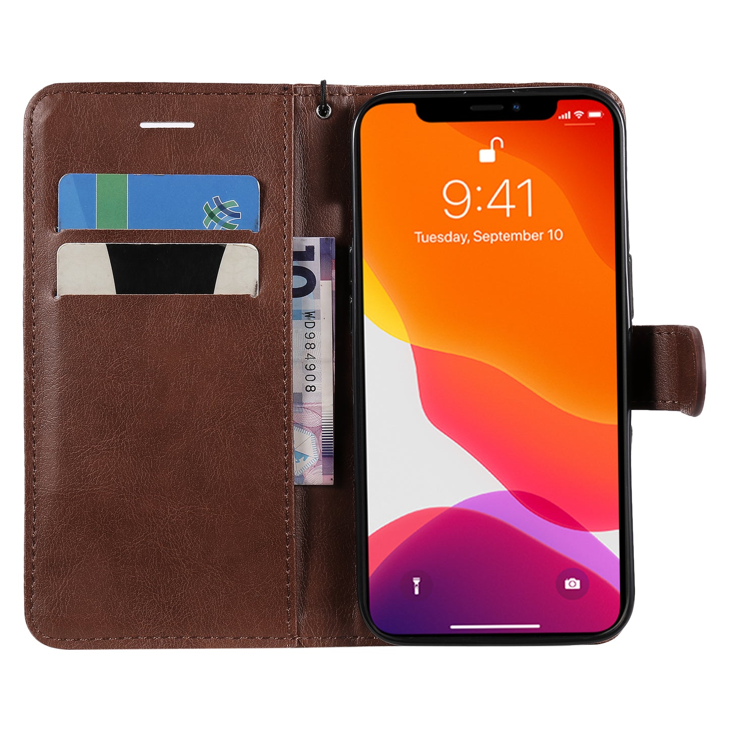 KT Leather Series-2 Solid Color PU Leather Phone Case Wallet Stand Shell with Strap for iPhone 13 Pro 6.1 inch