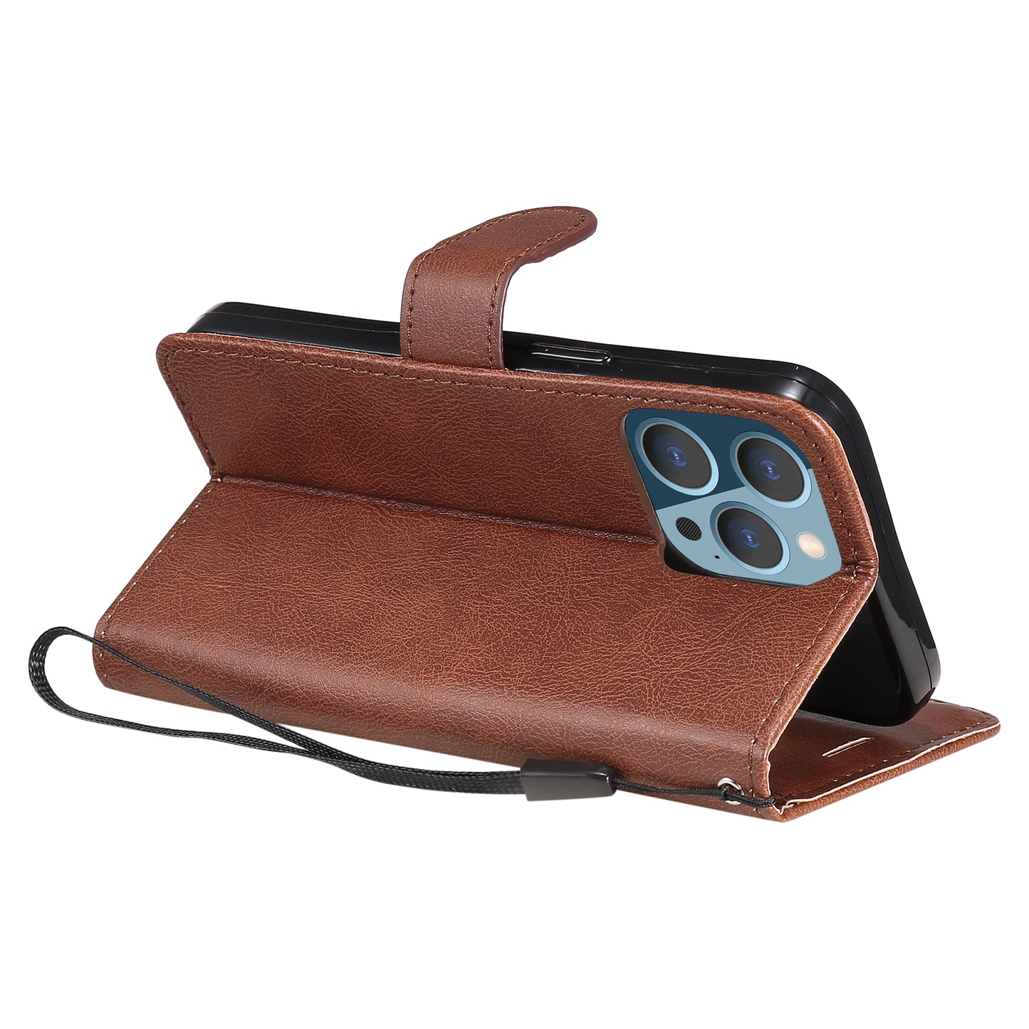 KT Leather Series-2 Solid Color PU Leather Phone Case Wallet Stand Shell with Strap for iPhone 13 Pro 6.1 inch