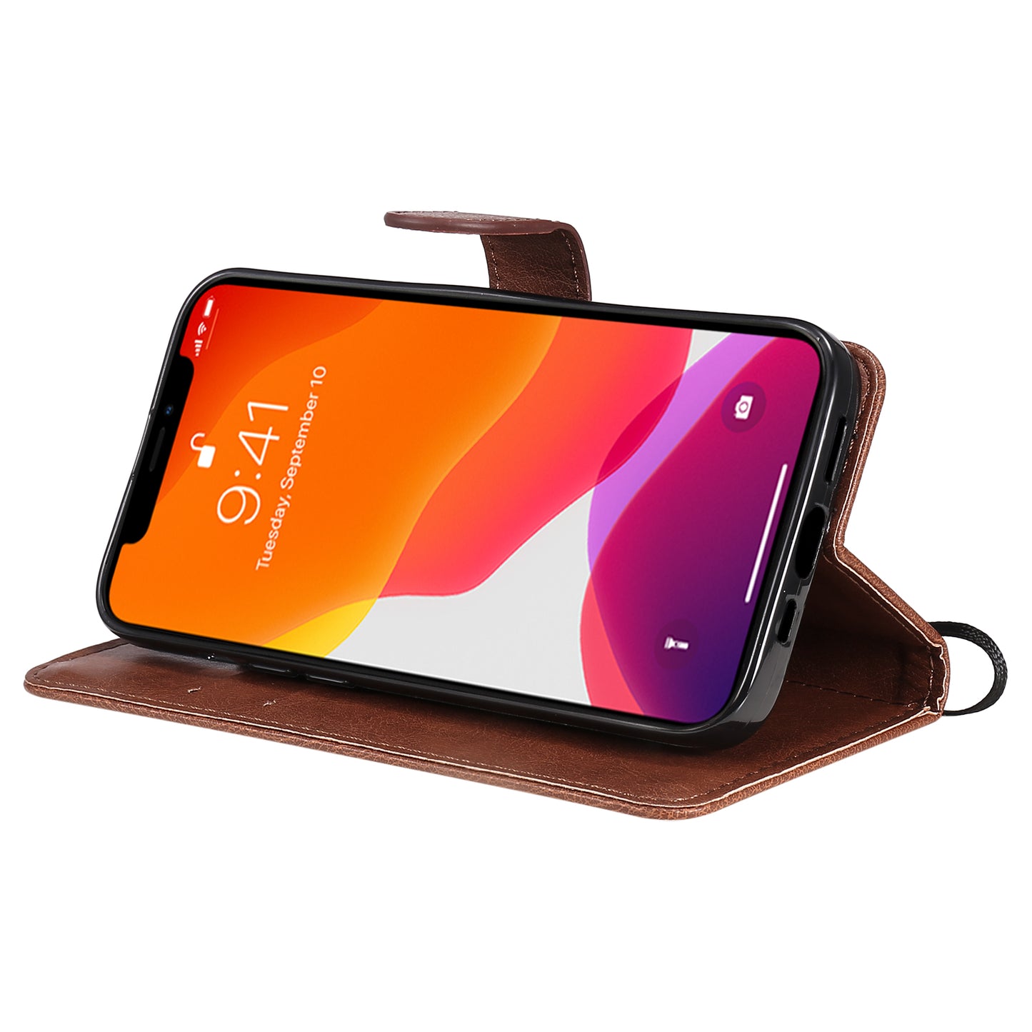 KT Leather Series-2 Solid Color PU Leather Phone Case Wallet Stand Shell with Strap for iPhone 13 Pro 6.1 inch