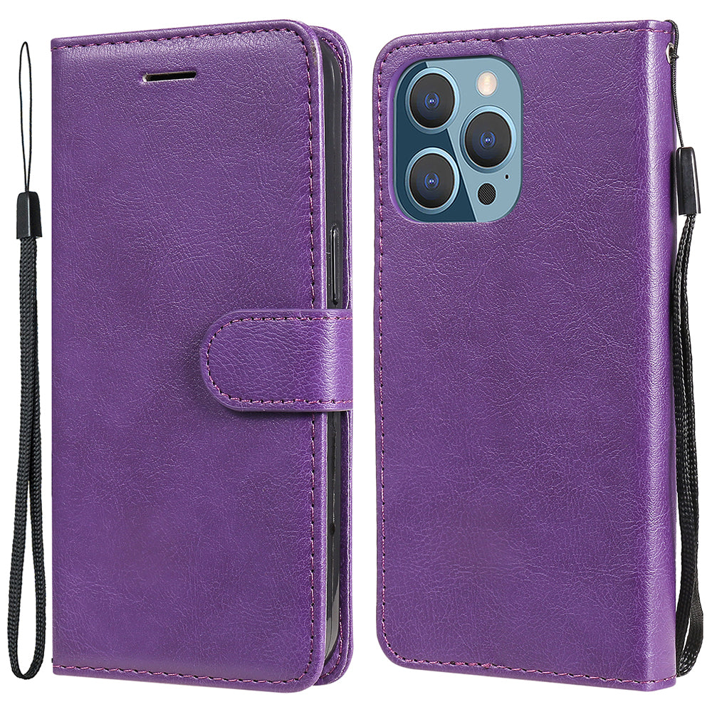 KT Leather Series-2 Solid Color PU Leather Phone Case Wallet Stand Shell with Strap for iPhone 13 Pro 6.1 inch