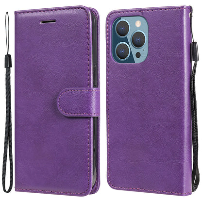 KT Leather Series-2 Solid Color PU Leather Phone Case Wallet Stand Shell with Strap for iPhone 13 Pro 6.1 inch