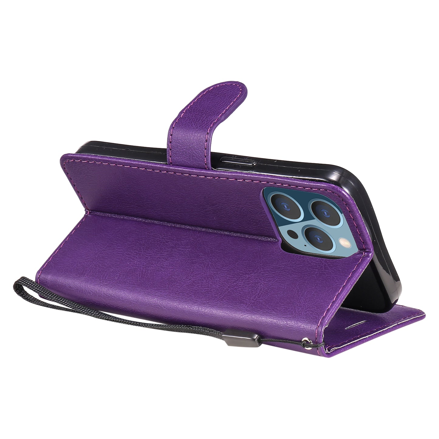 KT Leather Series-2 Solid Color PU Leather Phone Case Wallet Stand Shell with Strap for iPhone 13 Pro 6.1 inch