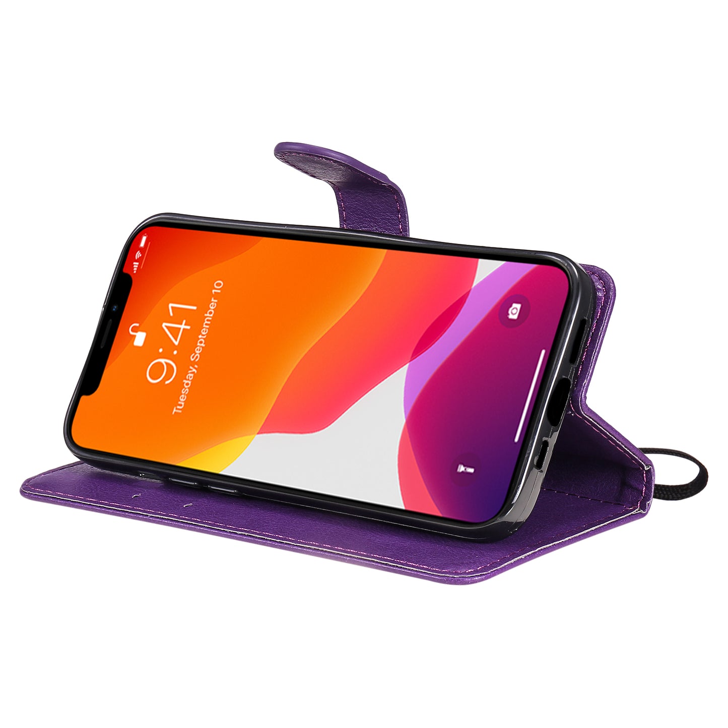 KT Leather Series-2 Solid Color PU Leather Phone Case Wallet Stand Shell with Strap for iPhone 13 Pro 6.1 inch