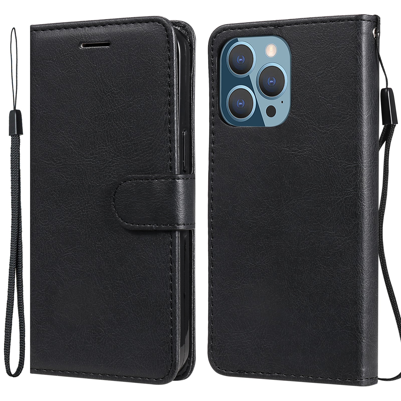 KT Leather Series-2 Solid Color PU Leather Phone Case Wallet Stand Shell with Strap for iPhone 13 Pro 6.1 inch