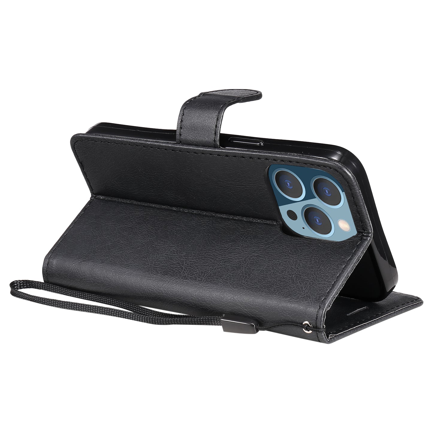 KT Leather Series-2 Solid Color PU Leather Phone Case Wallet Stand Shell with Strap for iPhone 13 Pro 6.1 inch