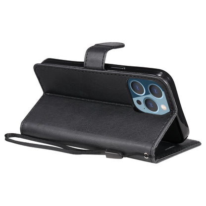 KT Leather Series-2 Solid Color PU Leather Phone Case Wallet Stand Shell with Strap for iPhone 13 Pro 6.1 inch