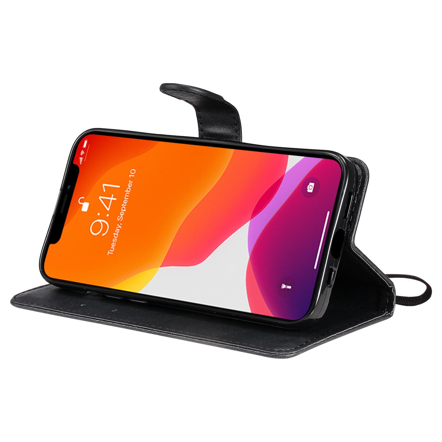 KT Leather Series-2 Solid Color PU Leather Phone Case Wallet Stand Shell with Strap for iPhone 13 Pro 6.1 inch