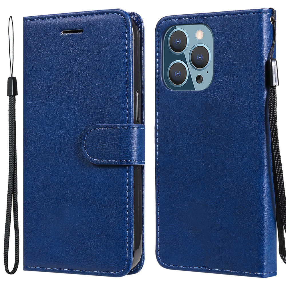 KT Leather Series-2 Solid Color PU Leather Phone Case Wallet Stand Shell with Strap for iPhone 13 Pro 6.1 inch