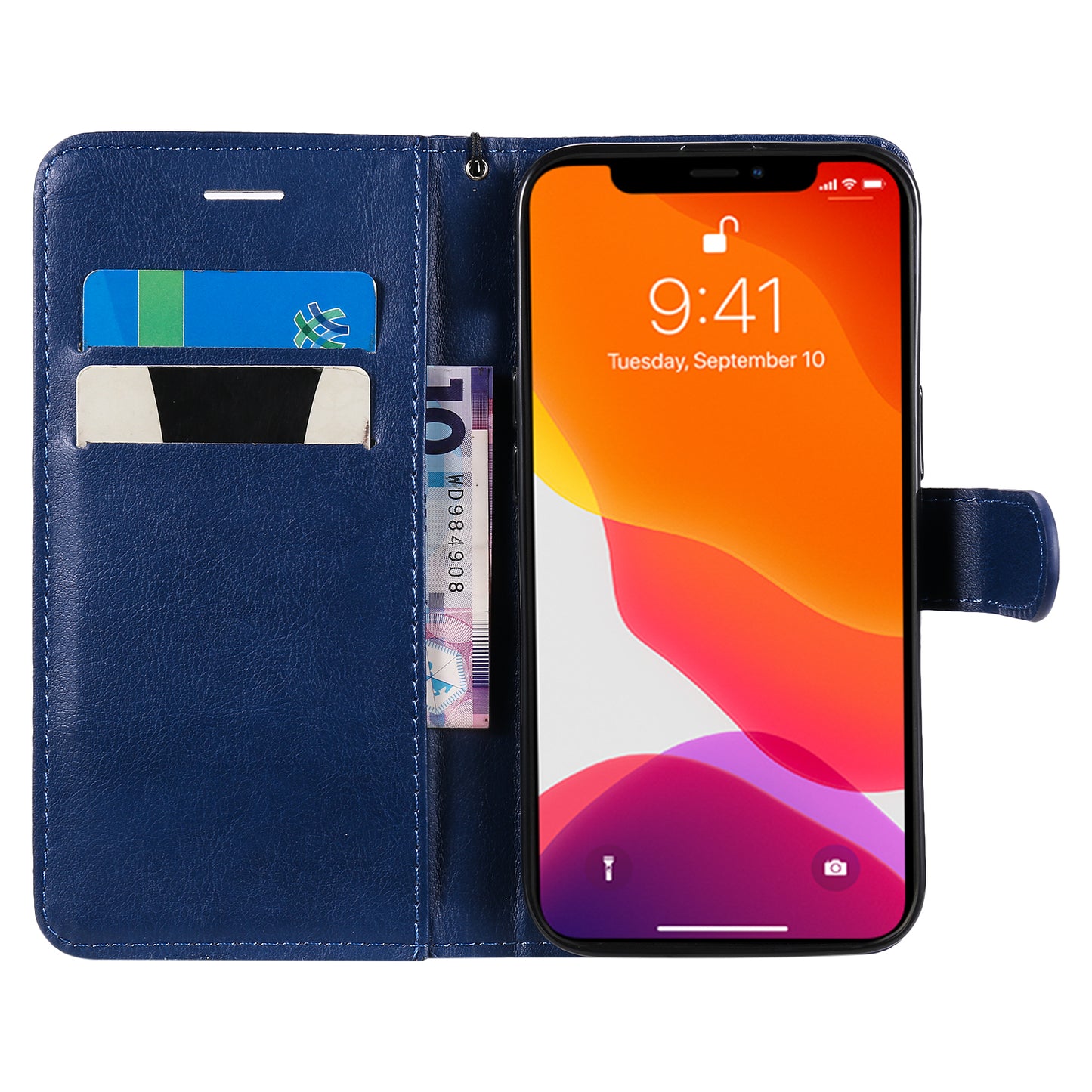 KT Leather Series-2 Solid Color PU Leather Phone Case Wallet Stand Shell with Strap for iPhone 13 Pro 6.1 inch