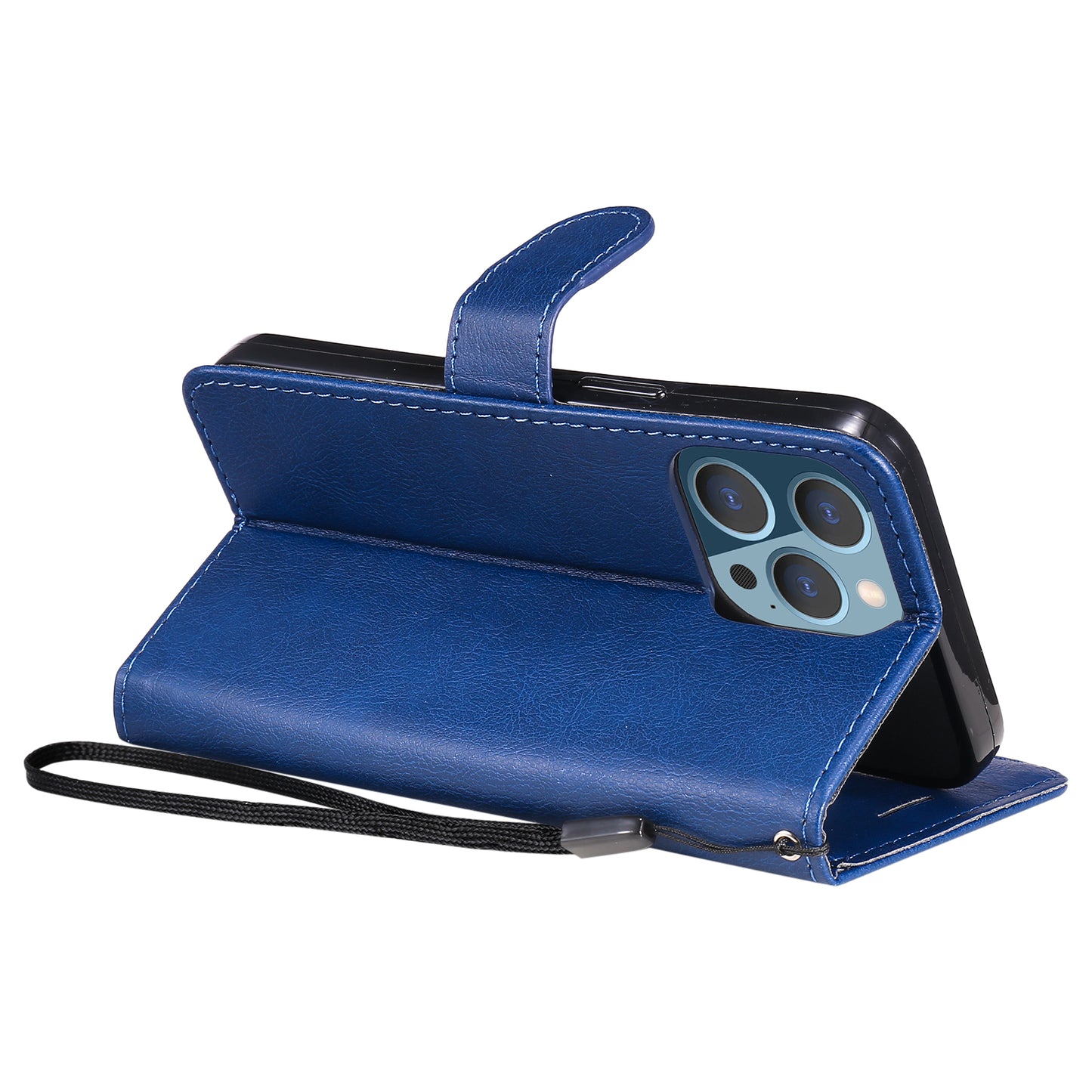 KT Leather Series-2 Solid Color PU Leather Phone Case Wallet Stand Shell with Strap for iPhone 13 Pro 6.1 inch