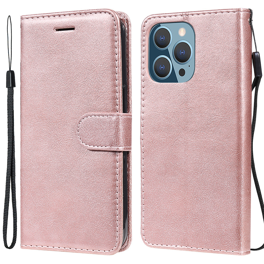 KT Leather Series-2 Solid Color PU Leather Phone Case Wallet Stand Shell with Strap for iPhone 13 Pro 6.1 inch