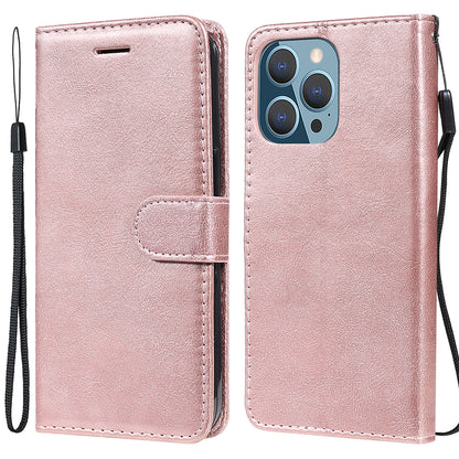 KT Leather Series-2 Solid Color PU Leather Phone Case Wallet Stand Shell with Strap for iPhone 13 Pro 6.1 inch