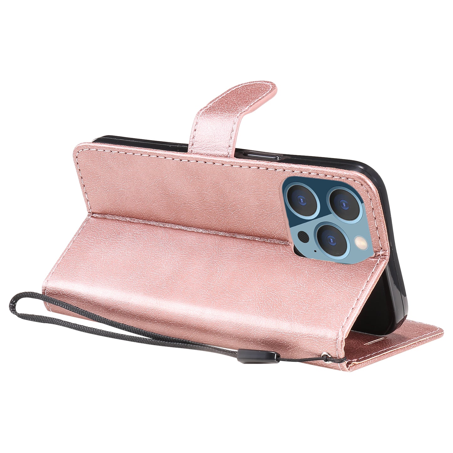 KT Leather Series-2 Solid Color PU Leather Phone Case Wallet Stand Shell with Strap for iPhone 13 Pro 6.1 inch