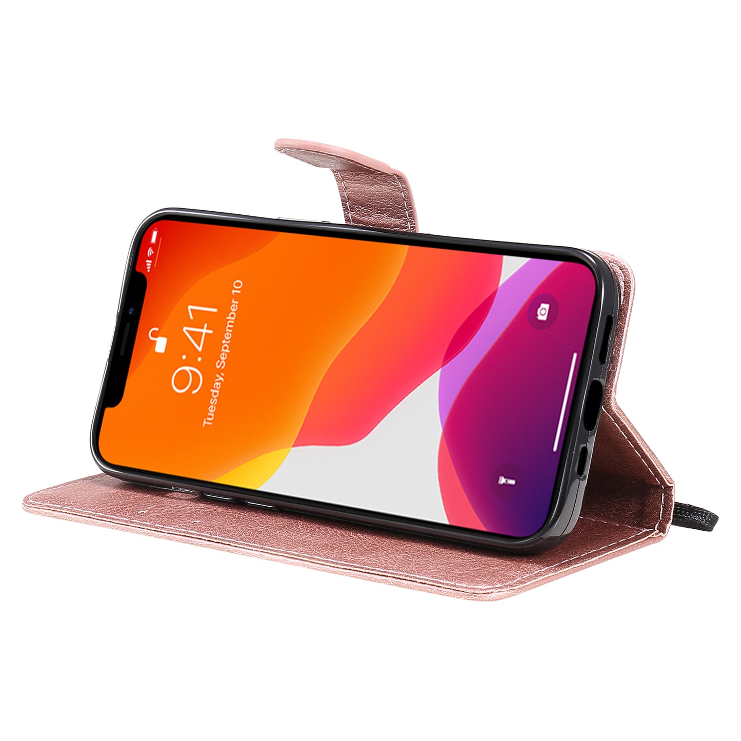 KT Leather Series-2 Solid Color PU Leather Phone Case Wallet Stand Shell with Strap for iPhone 13 Pro 6.1 inch