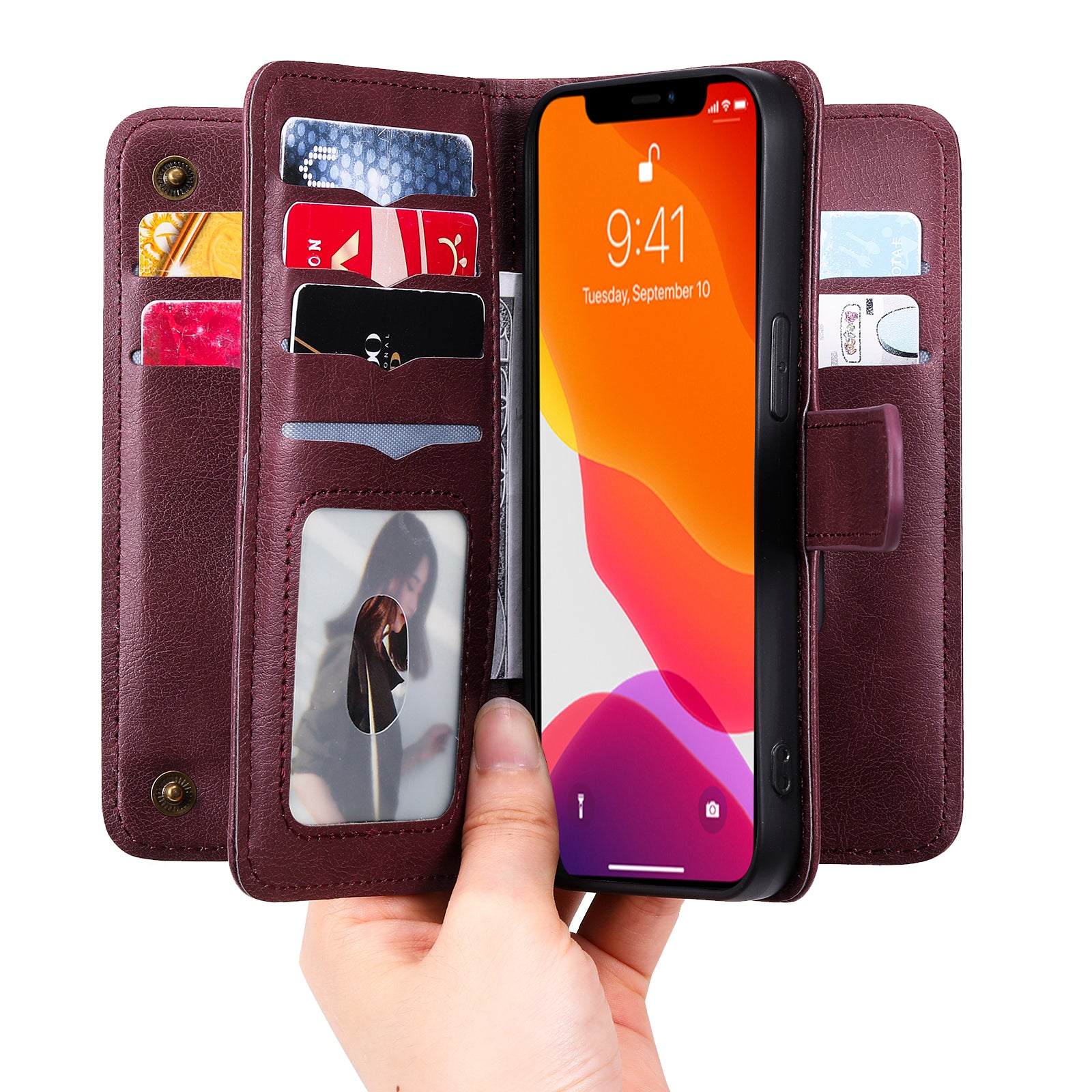 For iPhone 13 Pro 6.1 inch KT Multi-functional Series-1 Large Capacity Phone Cover Stand Shell with Multiple Card Slots Wallet Design