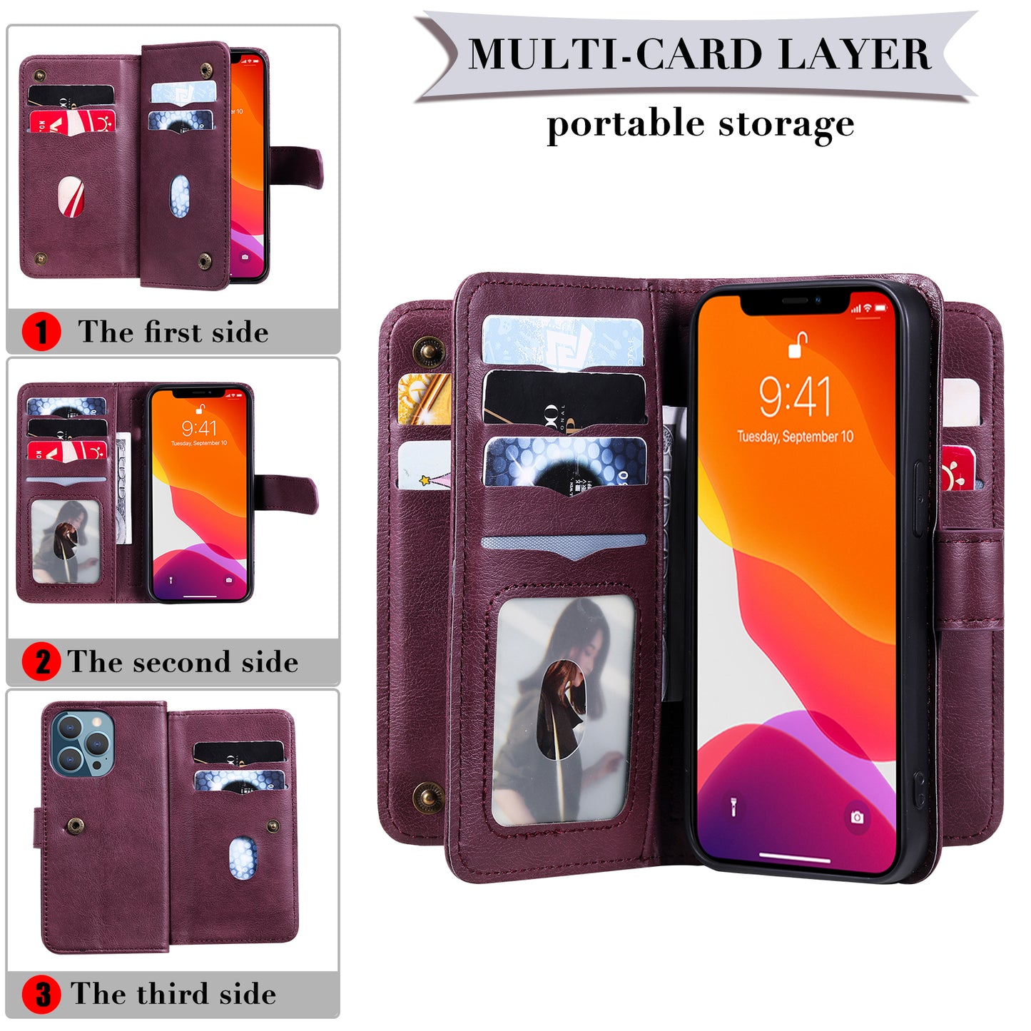 For iPhone 13 Pro 6.1 inch KT Multi-functional Series-1 Large Capacity Phone Cover Stand Shell with Multiple Card Slots Wallet Design