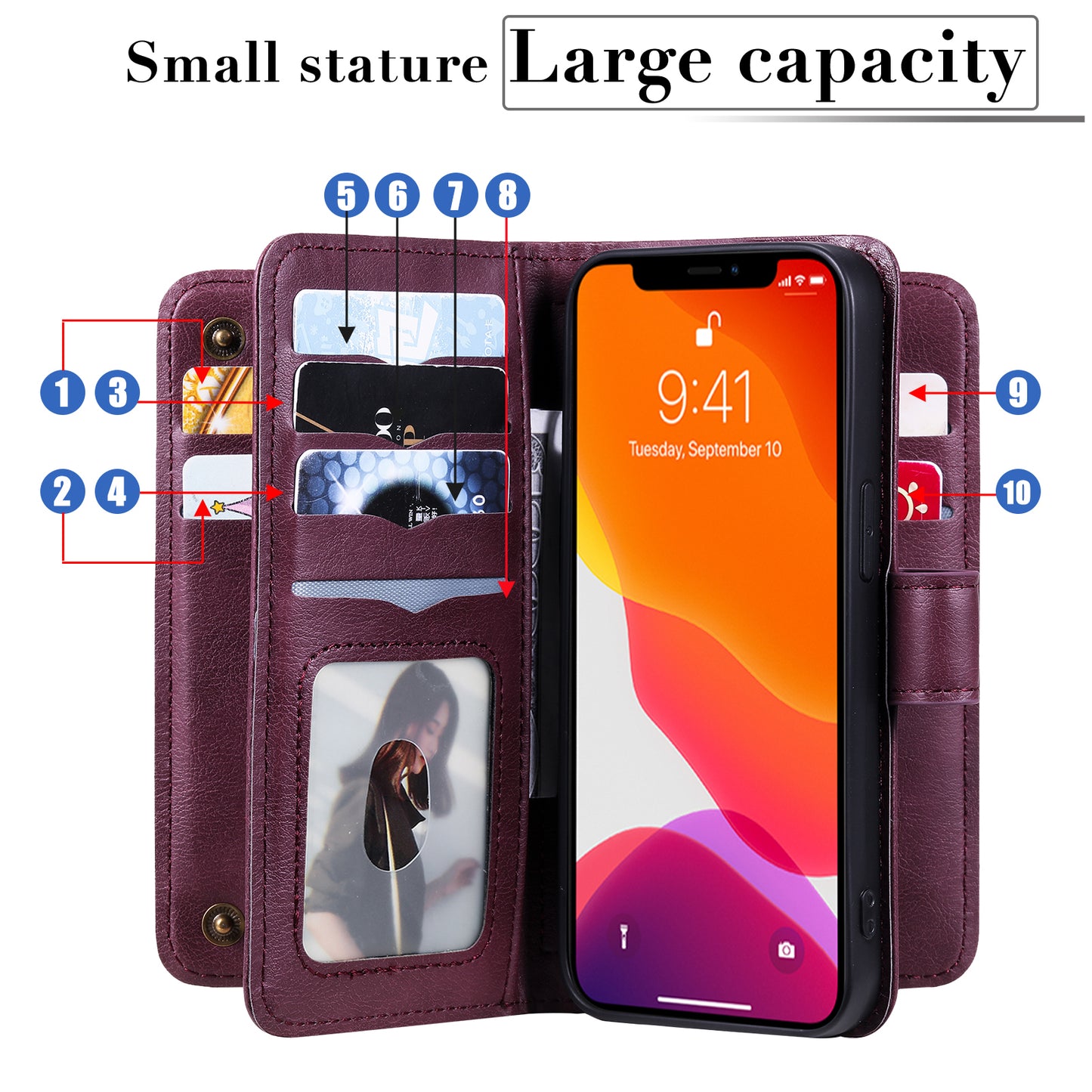 For iPhone 13 Pro 6.1 inch KT Multi-functional Series-1 Large Capacity Phone Cover Stand Shell with Multiple Card Slots Wallet Design