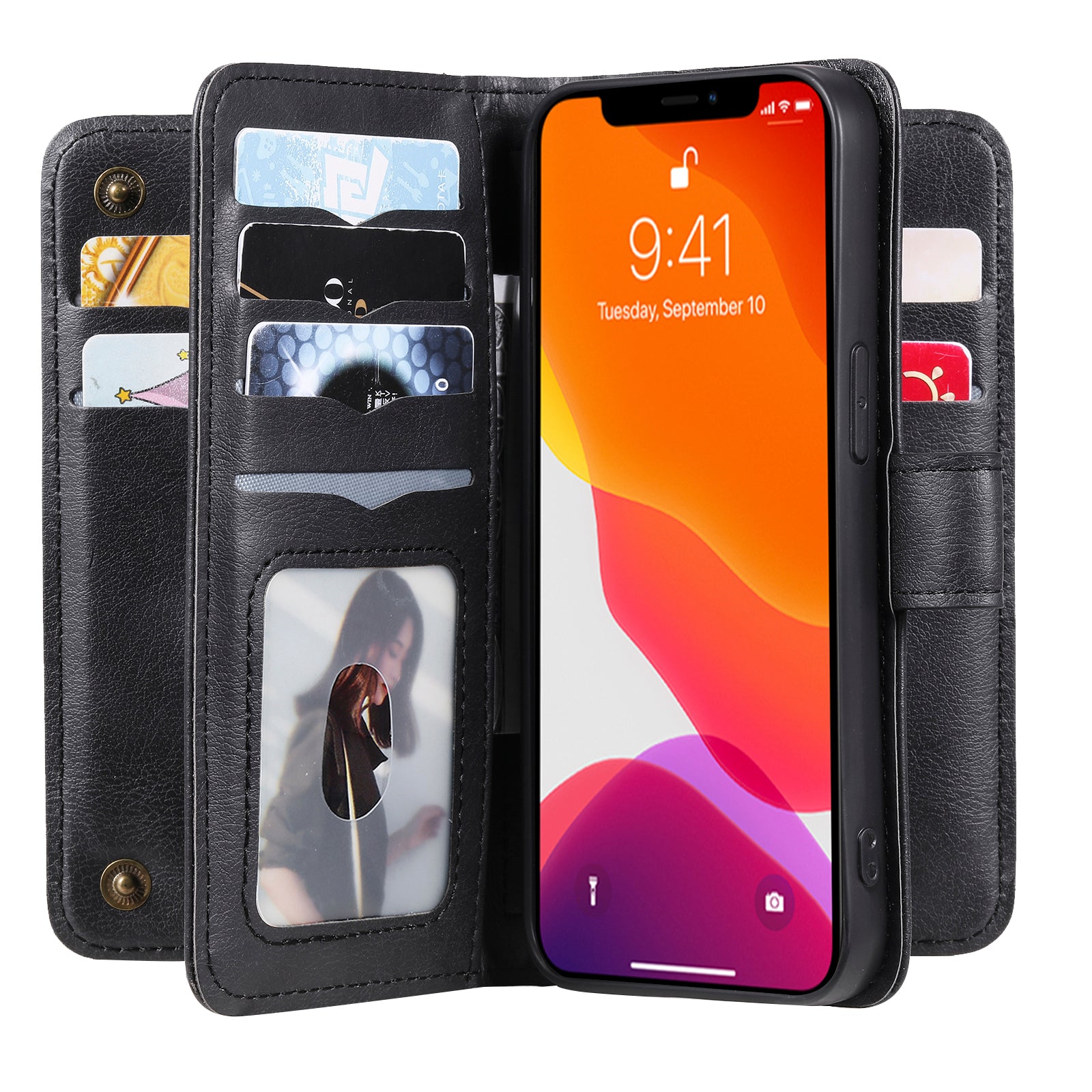 For iPhone 13 Pro 6.1 inch KT Multi-functional Series-1 Large Capacity Phone Cover Stand Shell with Multiple Card Slots Wallet Design
