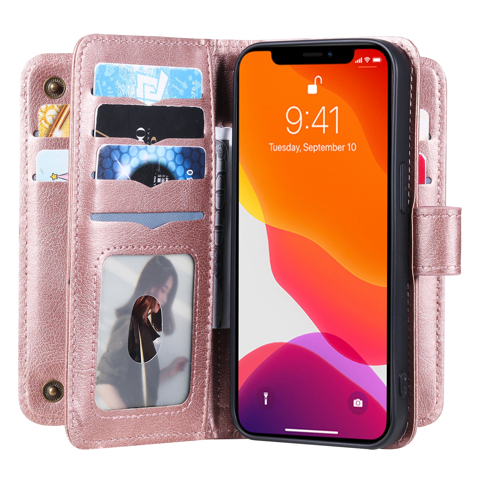For iPhone 13 Pro 6.1 inch KT Multi-functional Series-1 Large Capacity Phone Cover Stand Shell with Multiple Card Slots Wallet Design