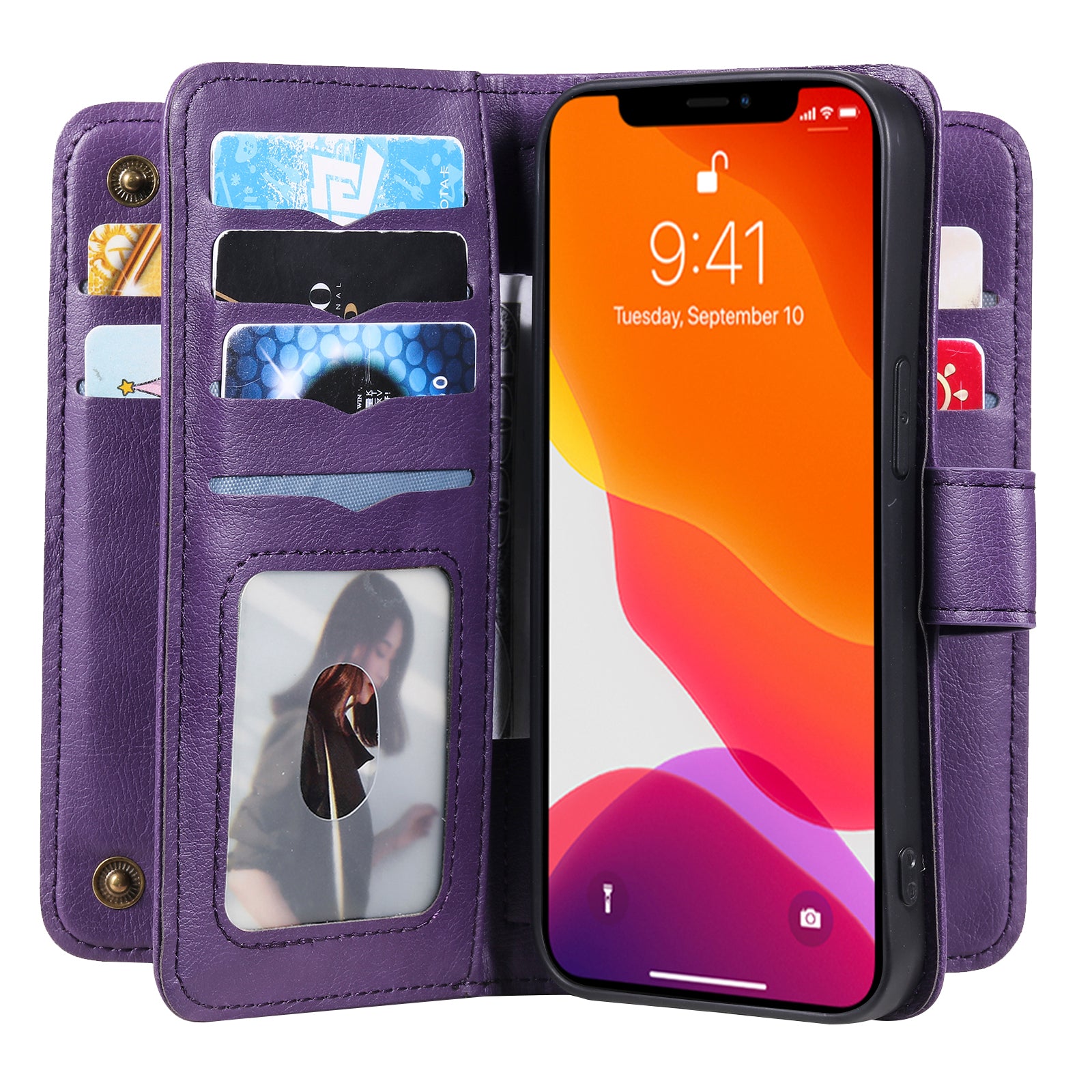 For iPhone 13 Pro 6.1 inch KT Multi-functional Series-1 Large Capacity Phone Cover Stand Shell with Multiple Card Slots Wallet Design