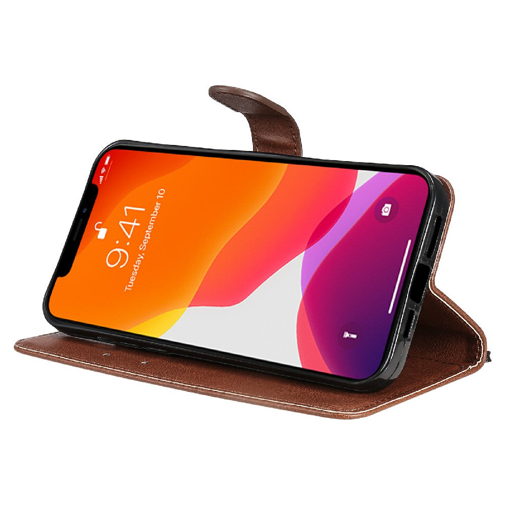 KT Leather Series-2 Magnetic Clasp Wallet Design Leather Stand Phone Casing with Handy Strap for iPhone 13 Pro Max 6.7 inch