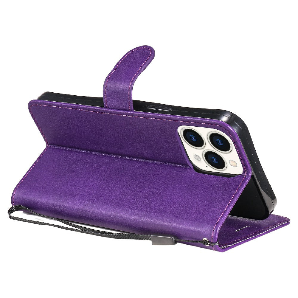 KT Leather Series-2 Magnetic Clasp Wallet Design Leather Stand Phone Casing with Handy Strap for iPhone 13 Pro Max 6.7 inch