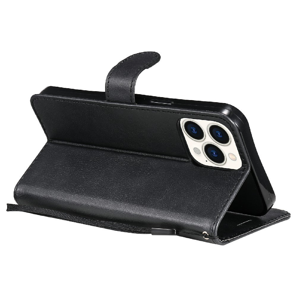 KT Leather Series-2 Magnetic Clasp Wallet Design Leather Stand Phone Casing with Handy Strap for iPhone 13 Pro Max 6.7 inch
