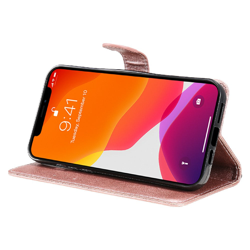 KT Leather Series-2 Magnetic Clasp Wallet Design Leather Stand Phone Casing with Handy Strap for iPhone 13 Pro Max 6.7 inch