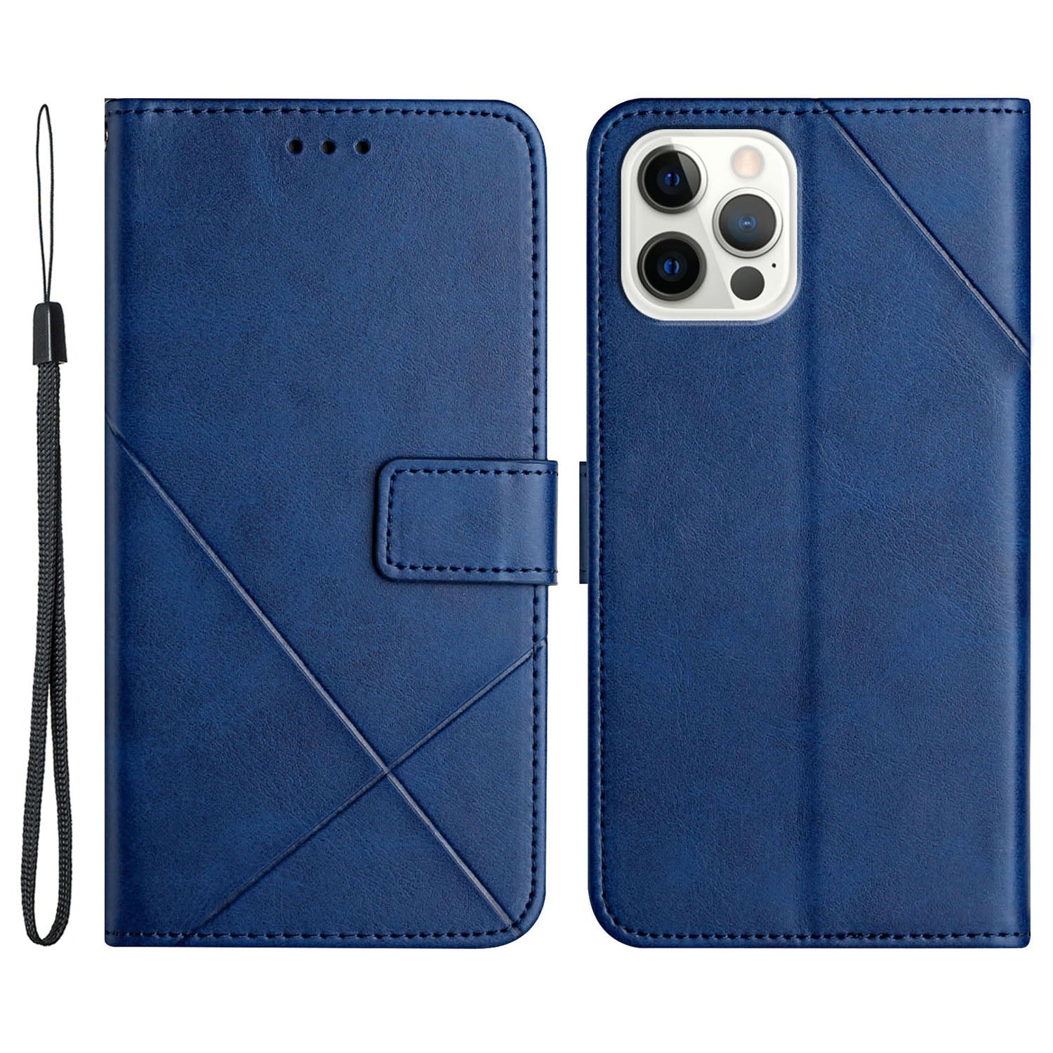 Solid Color Full Protection Stand Design PU Leather Phone Case with Strap for iPhone 13 Pro 6.1 inch