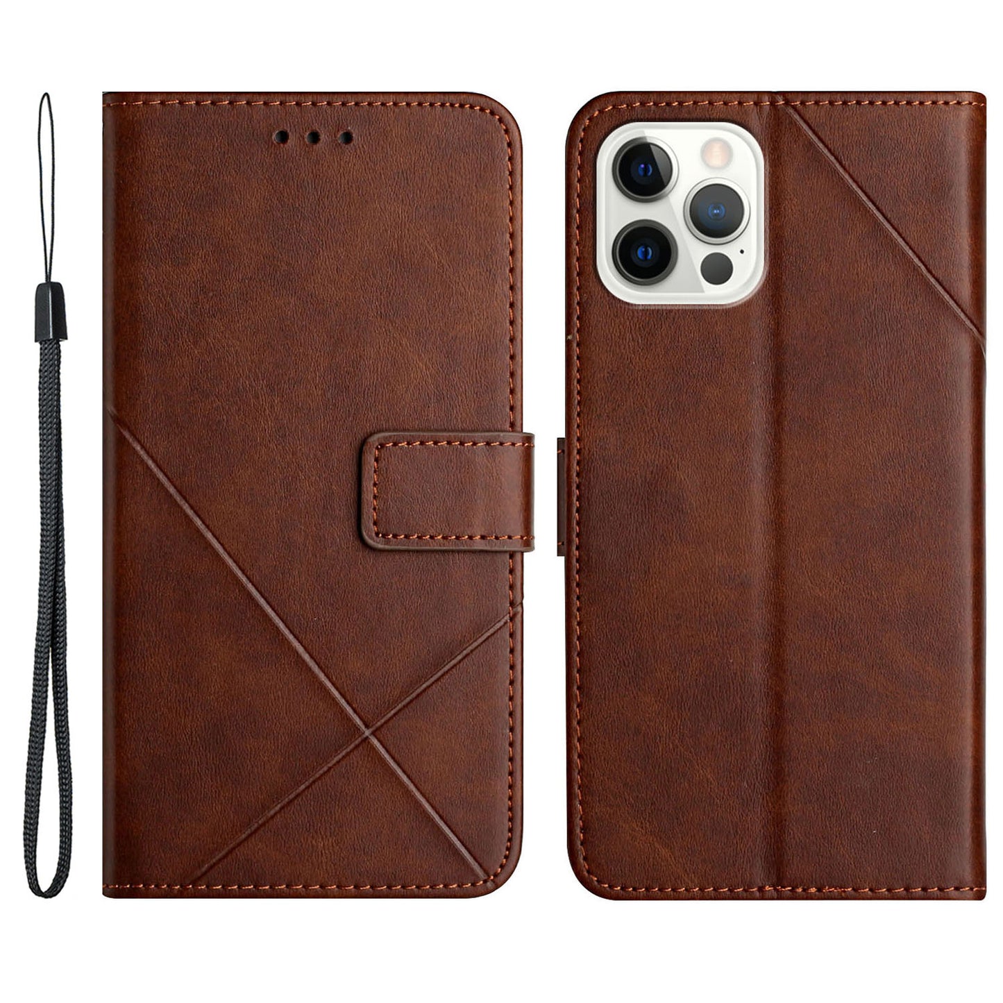 Solid Color Full Protection Stand Design PU Leather Phone Case with Strap for iPhone 13 Pro 6.1 inch