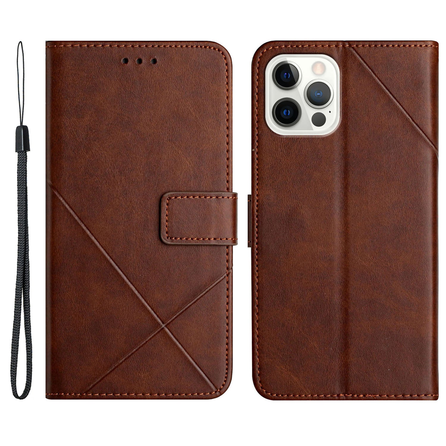 Solid Color Full Protection Stand Design PU Leather Phone Case with Strap for iPhone 13 Pro 6.1 inch