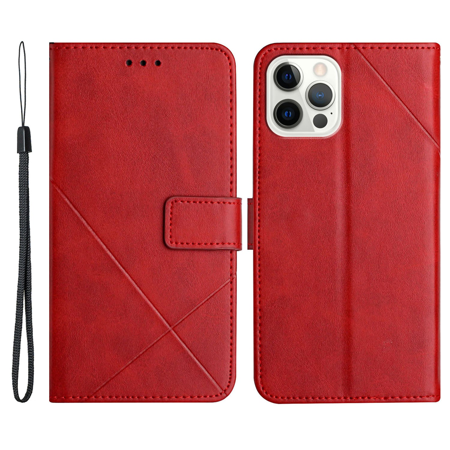 Solid Color Full Protection Stand Design PU Leather Phone Case with Strap for iPhone 13 Pro 6.1 inch