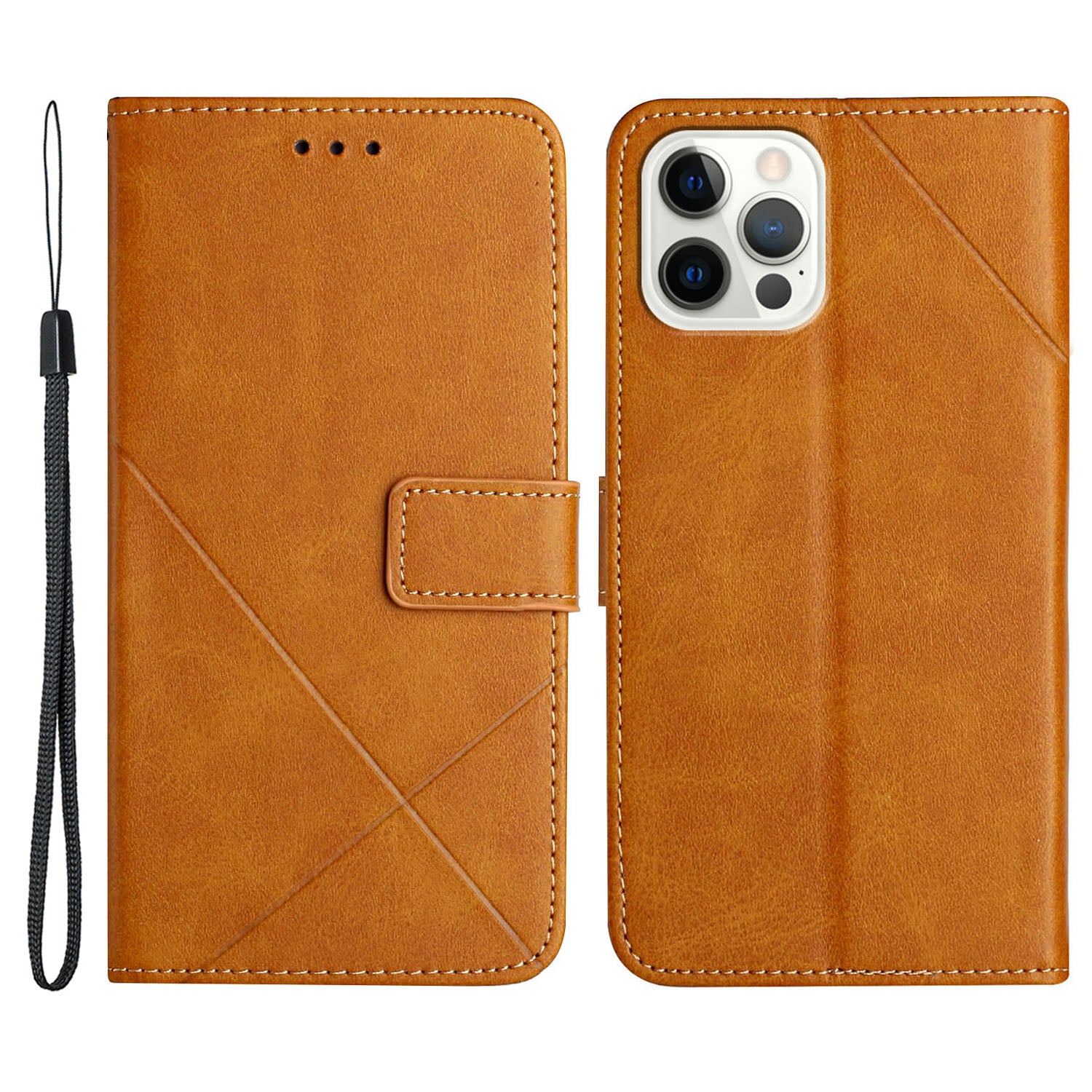Solid Color Full Protection Stand Design PU Leather Phone Case with Strap for iPhone 13 Pro 6.1 inch