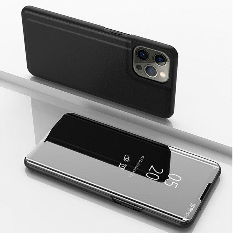 Electroplating Mirror Surface Leather Phone Case Stand Shell with View Window for iPhone 13 Pro 6.1 inch