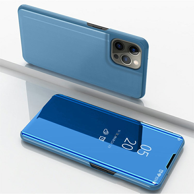 Electroplating Mirror Surface Leather Phone Case Stand Shell with View Window for iPhone 13 Pro 6.1 inch