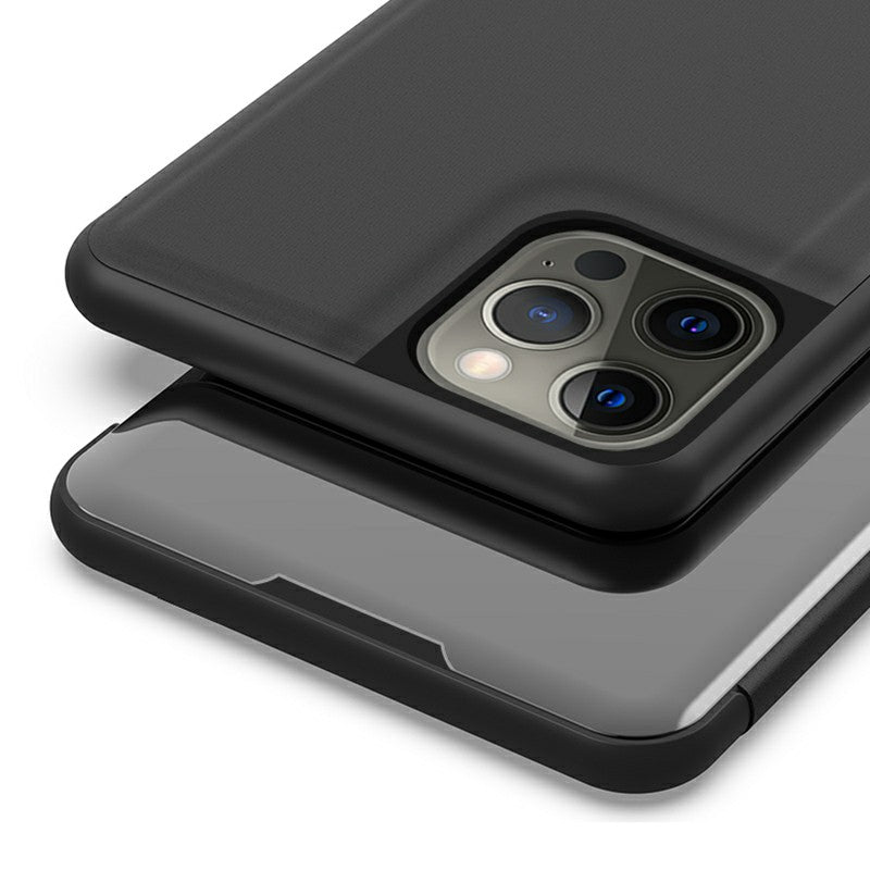 Electroplating Mirror Surface Leather Phone Case Stand Shell with View Window for iPhone 13 Pro 6.1 inch