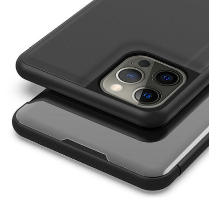 Electroplating Mirror Surface Leather Phone Case Stand Shell with View Window for iPhone 13 Pro 6.1 inch
