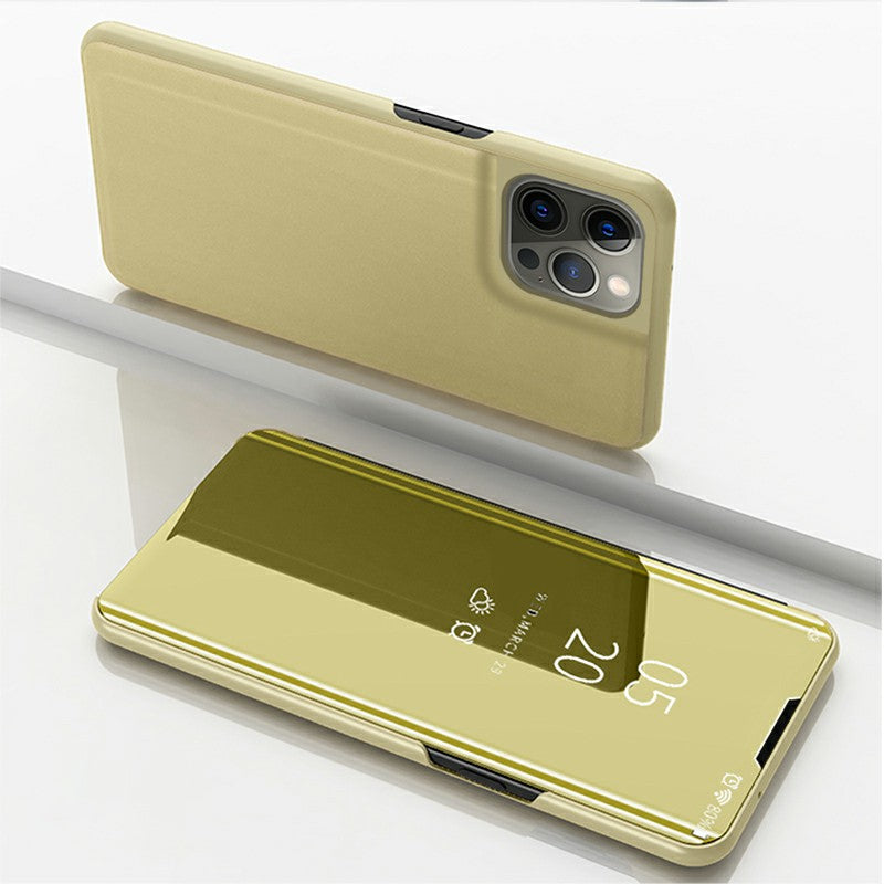 Electroplating Mirror Surface Leather Phone Case Stand Shell with View Window for iPhone 13 Pro 6.1 inch