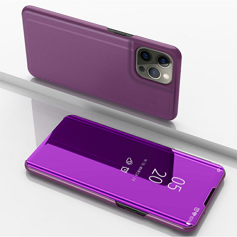 Electroplating Mirror Surface Leather Phone Case Stand Shell with View Window for iPhone 13 Pro 6.1 inch