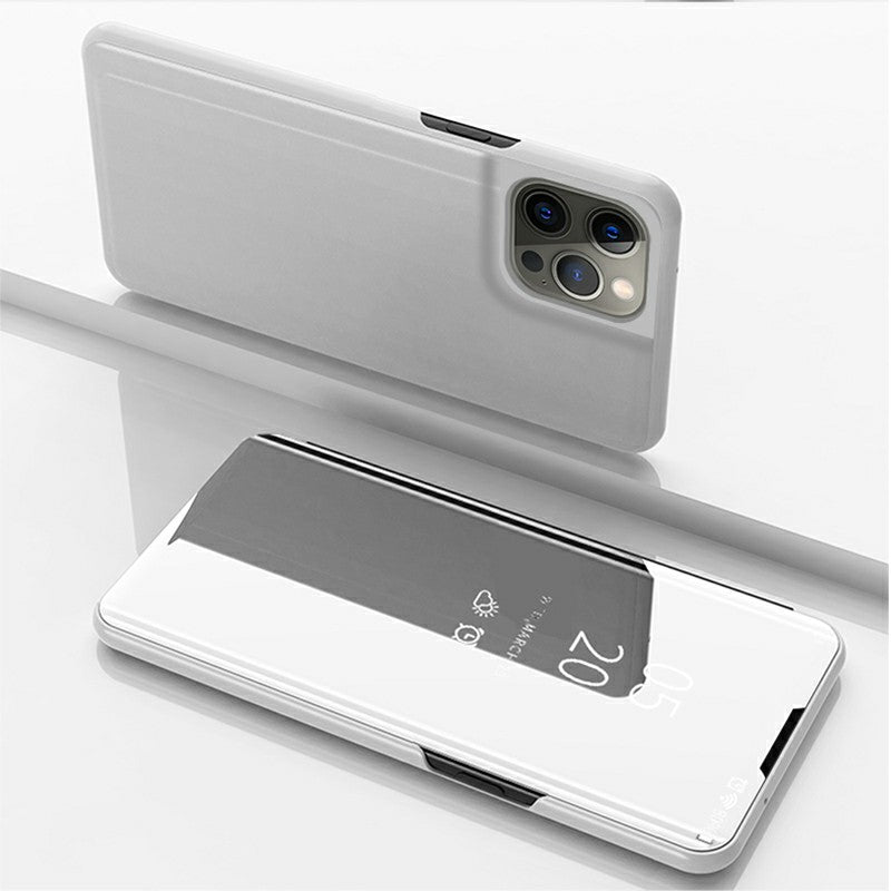 Electroplating Mirror Surface Leather Phone Case Stand Shell with View Window for iPhone 13 Pro 6.1 inch