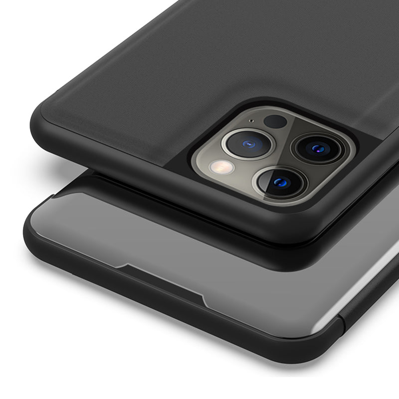 Electroplating Mirror Surface Leather Phone Case Stand Shell with View Window for iPhone 13 Pro 6.1 inch