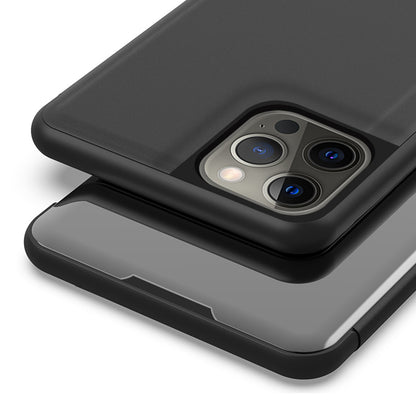 Electroplating Mirror Surface Leather Phone Case Stand Shell with View Window for iPhone 13 Pro 6.1 inch